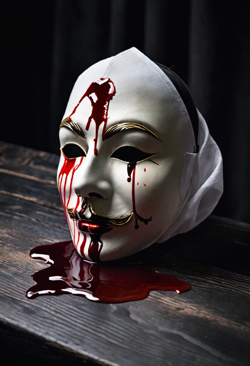 Just a white faceless theatrical mask stained with blood, on top of a black wooden table.