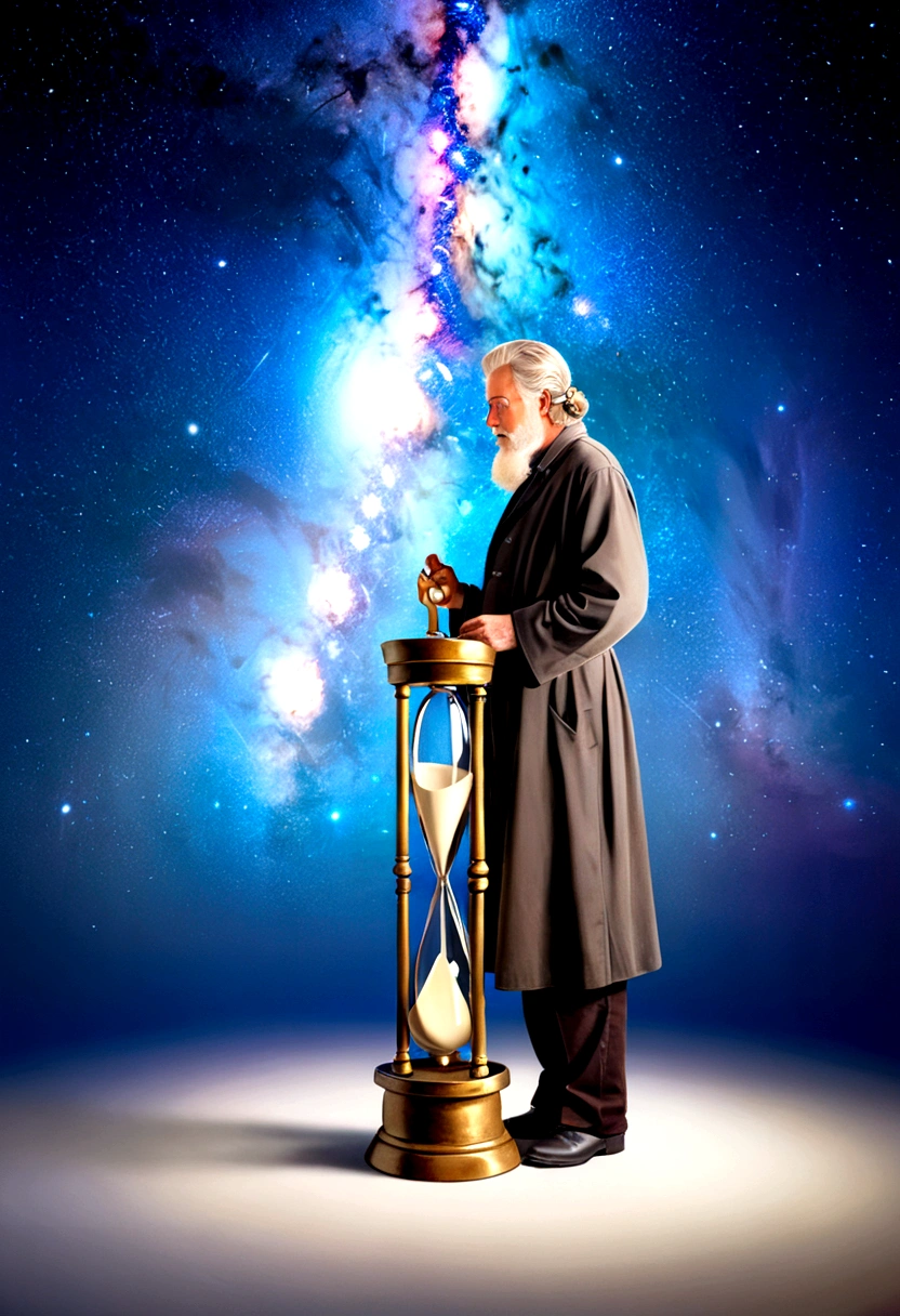 (Astrologer), An astrologer holds an hourglass and observes the passage of time, surrounded by the echoes of time, space, and history. The background is a twinkling galaxy, full body, (Photography), panoramic view, award-winning, cinematic still, emotional, vignette, dynamic, vivid, (masterpiece, best quality, Professional, perfect composition, very aesthetic, absurdres, ultra-detailed, intricate details:1.3)