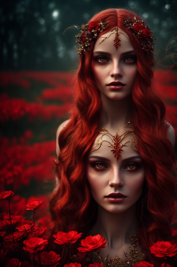 A demonic doll, red and golden flower fields, electric atmosphere, (best quality,4k,8k,highres,masterpiece:1.2),ultra-detailed,(realistic,photorealistic,photo-realistic:1.37),detailed face,beautiful detailed eyes,beautiful detailed lips,extremely detailed eyes and face,longeyelashes,porcelain skin,intricate details,dramatic lighting,moody atmosphere,vivid colors,glowing red and gold flowers,surreal landscape,cinematic composition,dark fantasy,gothic,occult,mystical,haunting,ominous