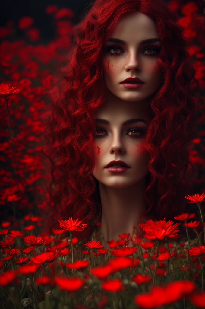 A demonic doll, red and golden flower fields, electric atmosphere, (best quality,4k,8k,highres,masterpiece:1.2),ultra-detailed,(realistic,photorealistic,photo-realistic:1.37),detailed face,beautiful detailed eyes,beautiful detailed lips,extremely detailed eyes and face,longeyelashes,porcelain skin,intricate details,dramatic lighting,moody atmosphere,vivid colors,glowing red and gold flowers,surreal landscape,cinematic composition,dark fantasy,gothic,occult,mystical,haunting,ominous