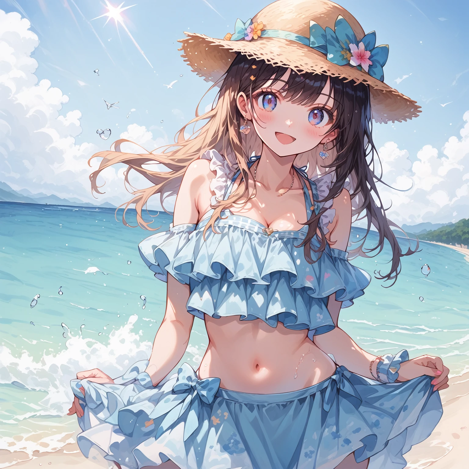 score_9, score_8_up, score_7_up, source_anime,masterpiece, best quality, high resolution, extremely detailed CG, absurdres, highres, 1girl, solo, cowboy shot,cute face, :D, summer beach background, bikini, frills,neondskdrmsxl,babycreamxl, (((((vivid color)))))