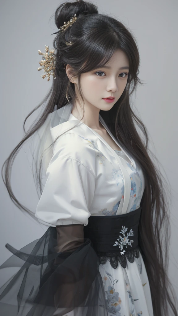 A painting,The painting shows a woman with long hair wearing a white dress, Beautiful character painting, Gu Weiss, artwork in the style of Gu Weiss, author:Yang J, author:Fan Qi, author:Zhang Han, author曾静, by Zhou Wenjing, Gu Weiss masterpiece, author:Li Song, Beautiful anime portrait, author:Ye Xin, author:Song Xu