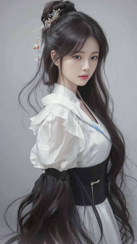 A painting,The painting shows a woman with long hair wearing a white dress, Beautiful character painting, Gu Weiss, artwork in the style of Gu Weiss, author:Yang J, author:Fan Qi, author:Zhang Han, author曾静, by Zhou Wenjing, Gu Weiss masterpiece, author:Li Song, Beautiful anime portrait, author:Ye Xin, author:Song Xu