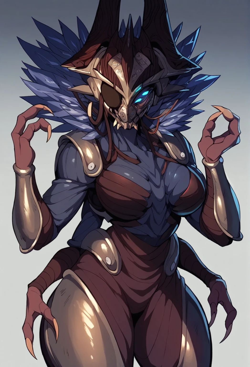 an image of an anime alien woman with four arms, Eramis from Destiny, Destiny fallen, four arms, glowing eyes, curvy body, arthropod, posing, clawed fingers