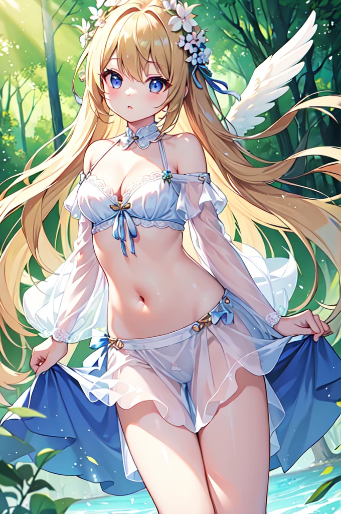 Toddler girl wearing a dress　naked　Long blonde hair　nsfw　whole body　Dance　smile　Lift up the dress　I can see your crotch　Transparent White Lady　White Hat　I can see your chest　A thin, sheer dress