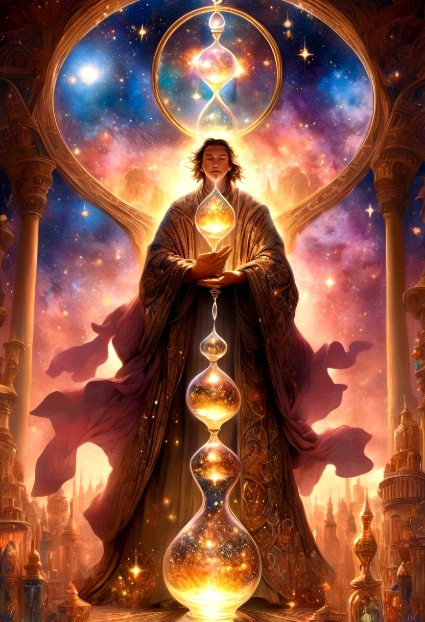 (Astrologer), An astrologer holds an hourglass and observes the passage of time, surrounded by the echoes of time, space, and history. The background is a twinkling galaxy, full body, (Photography), panoramic view, award-winning, cinematic still, emotional, vignette, dynamic, vivid, (masterpiece, best quality, Professional, perfect composition, very aesthetic, absurdres, ultra-detailed, intricate details:1.3)