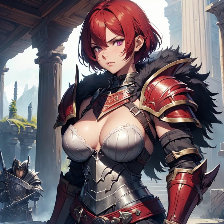 (absurdres, high fantasy artwork, best high quality image, carefuly detailed, very detailed features and textures, warcraft-aesthetic)
{{1character: 17 years old barbarian girl, (scarlet red short hair, purple eyes with black pupils, very thin lips, white skin, wearing full armor), (full bulky knight armor, full bulky shoulder plates, full armored bulky-breast-plate-armor-no revealing-skin, full gauntlets plates, full elbow plates, full plate boots), (her weapon: broad sword on her back), (attack pose pose, very serious face, no sense of humor), (Scenery: Wooden irish cotage with ancient Greek forniture and celtic forniture)}}