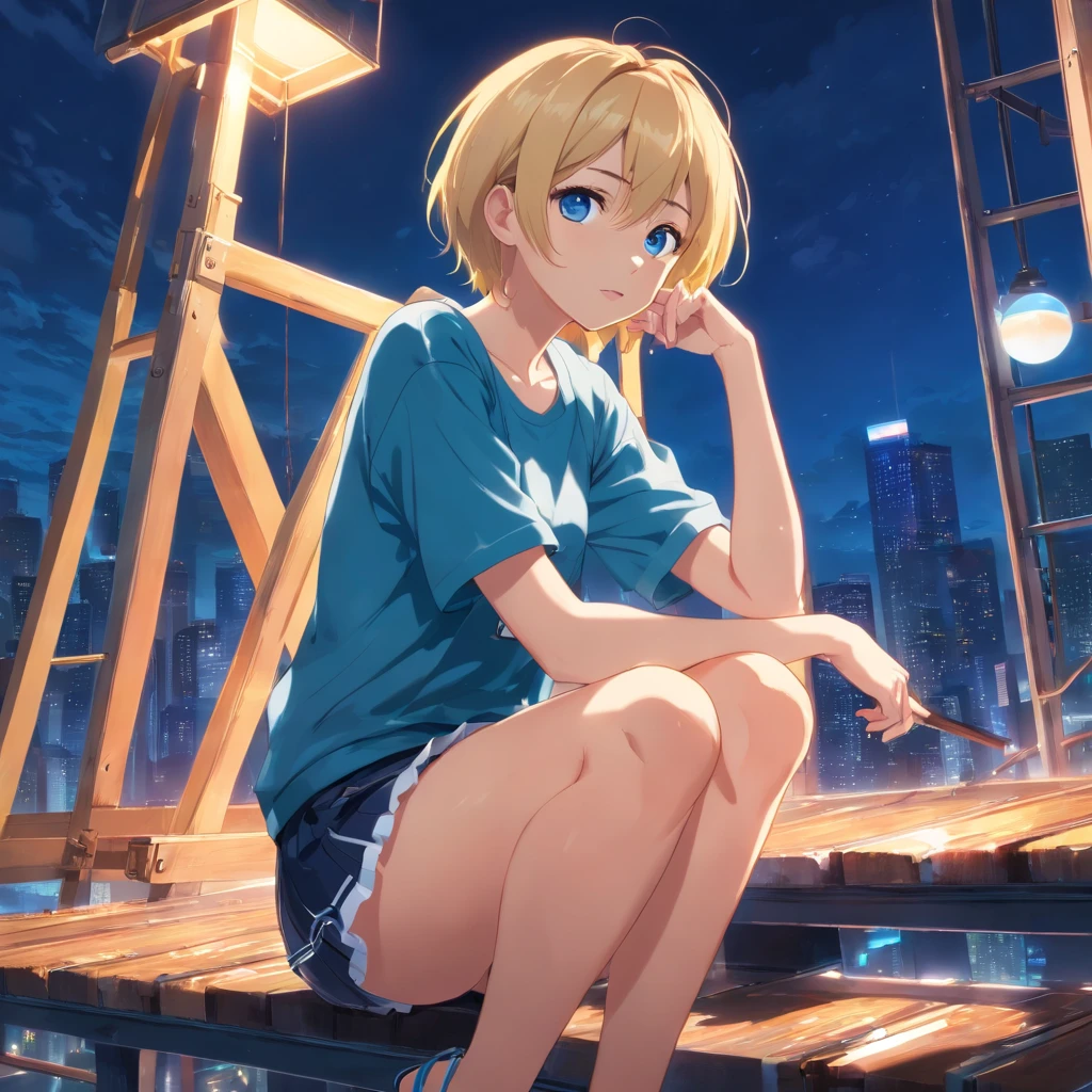 17 years old Women, ((Blonde)), ((Blue eyes)), ((Short hair)), ((Full shot)), very detailed makeup, pale pink lipstick, long earrings, sitting with her hands around her legs and her head on her knees, she is wearing a cotton top and a leather mini skirt, she is wearing high heels and she is sitting on a ladder, at night, the floor is wet