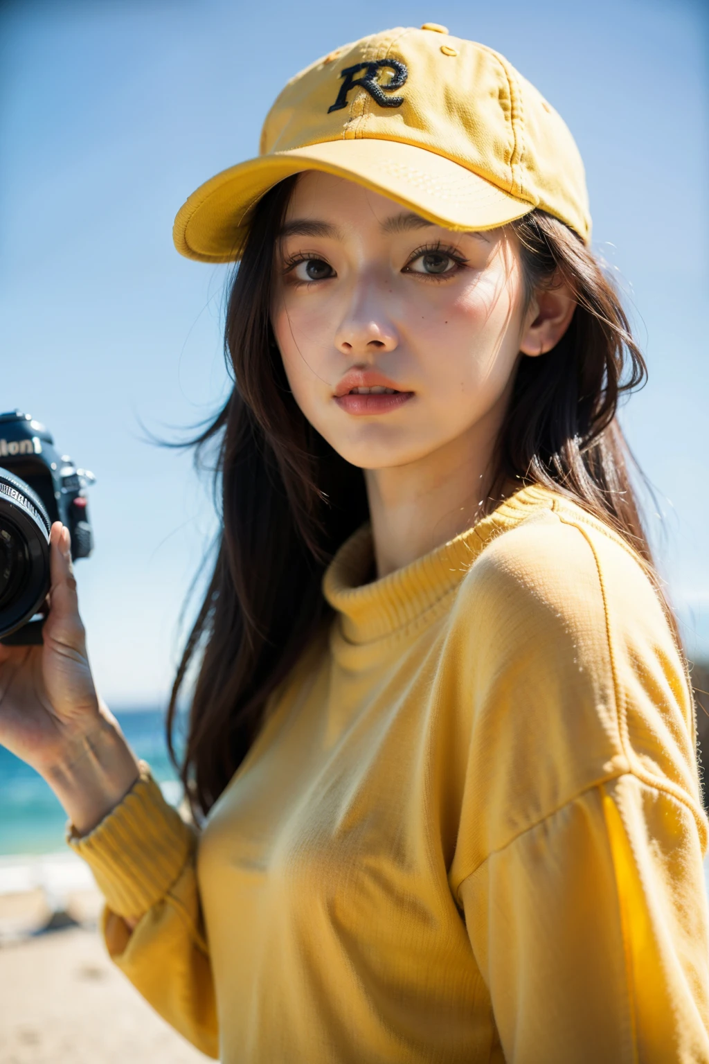 young adult, mid-twenties, female ginger, camera around neck, wearing yellow jumper, yellow baseball cap, character design, character animation, Kentaro Miura style, beautiful natural lighting, volumetric lighting, girl, depth of field, first-person view, f/1.8, 135mm, Nikon, UHD, retina, masterpiece, ccurate, anatomically correct, textured skin, super detail, high details, high quality, best quality, highres, 1080P, HD, 4K, 8k