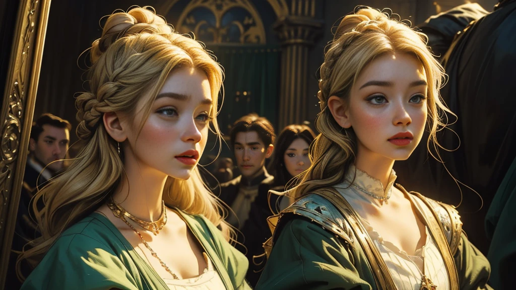 oil paints,Acrylic painting,tmasterpiece,Renaissance style,(masterpiece, top quality, Best quality, official art, beautiful and aesthetically pleasing:1.2), Girl from the Middle Ages, nobility, beautiful european girl, blond hair gathered in a bun, Jewelry on the head, braids, calm look, Plump lips, national clothing of the Middle Ages, bright green eyes, looks down into the distance