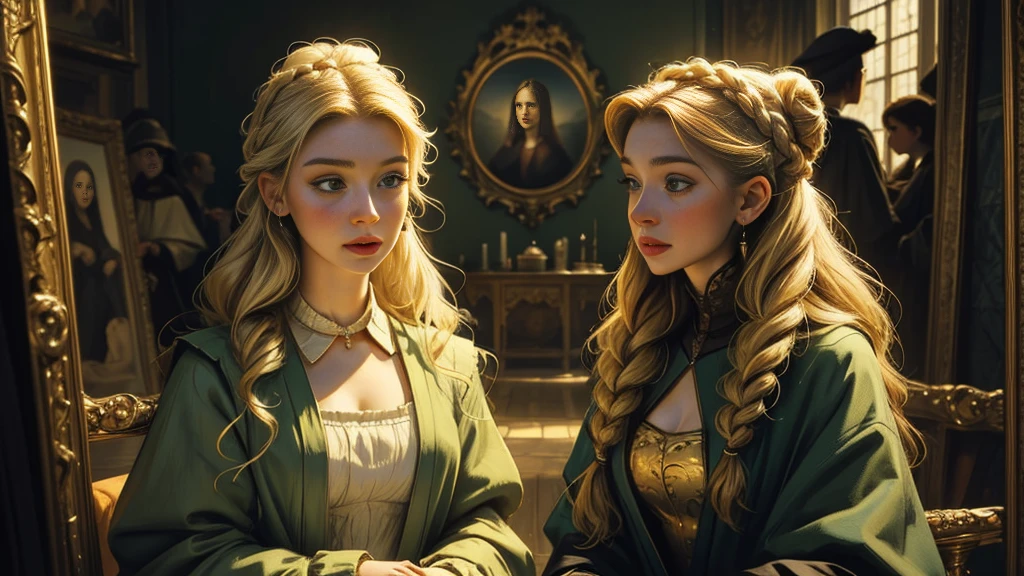 oil paints,Acrylic painting,tmasterpiece,Renaissance style,(masterpiece, top quality, Best quality, official art, beautiful and aesthetically pleasing:1.2), Girl from the Middle Ages, nobility, beautiful european girl, blond hair gathered in a bun, Jewelry on the head, braids, calm look, Plump lips, national clothing of the Middle Ages, bright green eyes, looks down into the distance