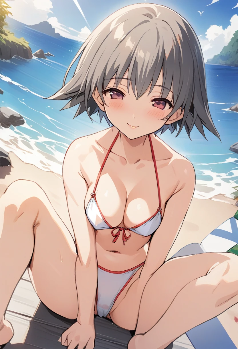 One girl,Nozomi、Gentle expression、smile、Welcome、Sexy pose、erotic string bikini、nsfw,Ocean、beach、noon、blue sky、Sitting、Leg spread、from above,A complete depiction of the human body、masterpiece, Highest quality, Game CG, ultra detailed、highres、extremely detailed CG 