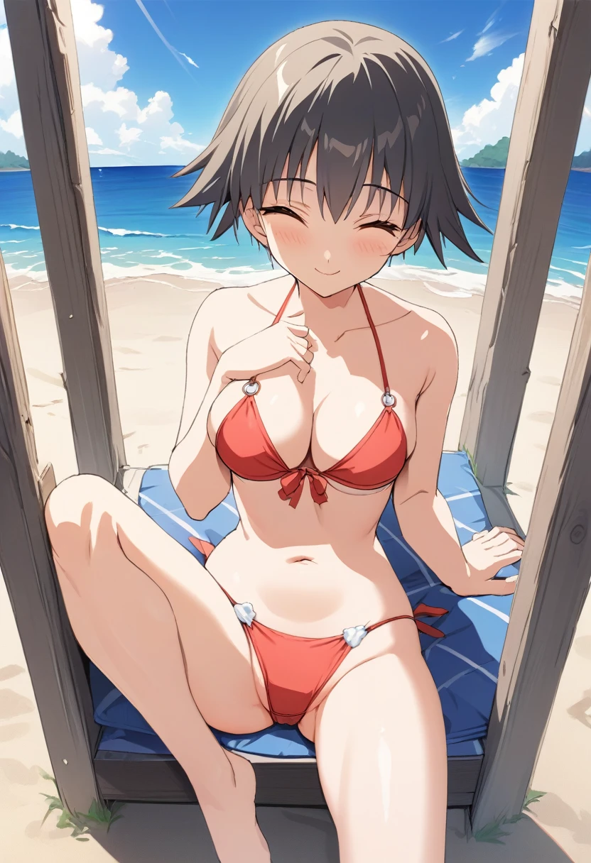 One girl,Nozomi、Gentle expression、smile、Welcome、Sexy pose、erotic string bikini、nsfw,Ocean、beach、noon、blue sky、Sitting、Leg spread、from above,A complete depiction of the human body、masterpiece, Highest quality, Game CG, ultra detailed、highres、extremely detailed CG