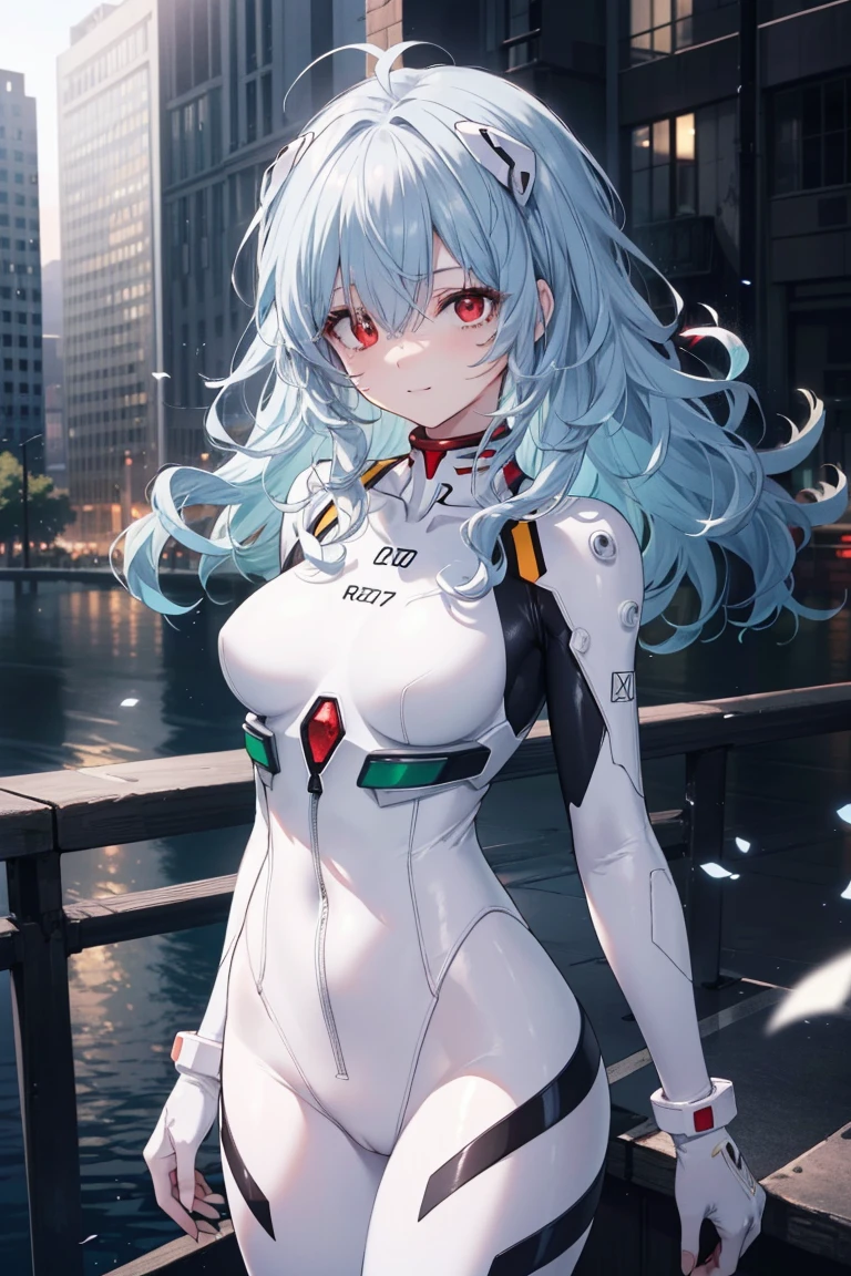 reiayanami, Rei Ayanami, Blue hair,(Long_messy_hair:1.4),(curly hair:1.4), (Red Eyes:1.5),light_smile,(half_eye:1.5)
BREAK bodysuit, headgear, plugsuit, White bodysuit,cowboy_shot,
BREAK outdoors, city,
BREAK looking at viewer, 
BREAK (masutepiece:1.2), Best Quality, High resolution, Unity 8k Wallpaper, (Illustration:0.8), (Beautiful detailed eyes:1.6), extra detailed face, Perfect Lighting, extremely details CG, (Perfect hands, Perfect Anatomy),