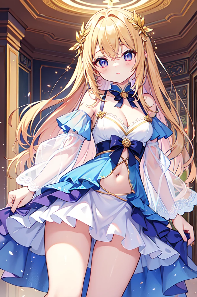 (masterpiece)、(Highest quality)、(Super Detail)、(Best Anatomy)、Light Hair,Angel of Color , See-through dress, Small breasts, Cleavage, Off the shoulder, Underbust, Thighs, Belly button,、Magic Circle of Light