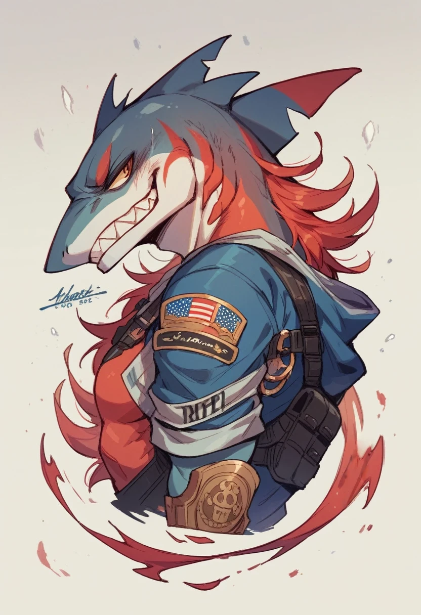 character a hybrid fox mixed with shark and lizard color of the character red half of the face the other half white cold but friendly personality that is the call of duty profile logo has my name Moisés and with the flag of Venezuela