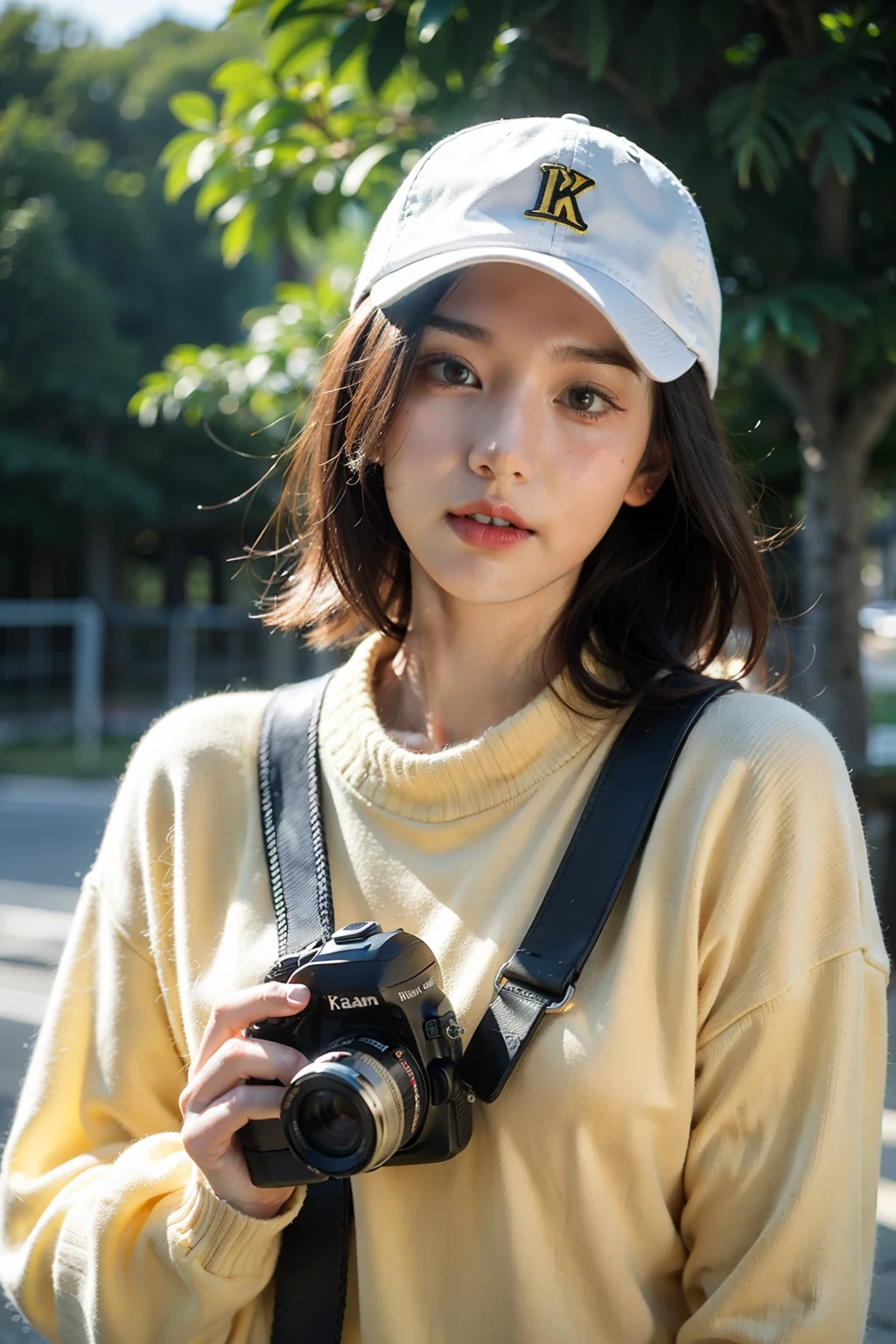 young adult, mid-twenties, female ginger, camera around neck, wearing yellow jumper, yellow baseball cap, character design, character animation, Kentaro Miura style, beautiful natural lighting, volumetric lighting,