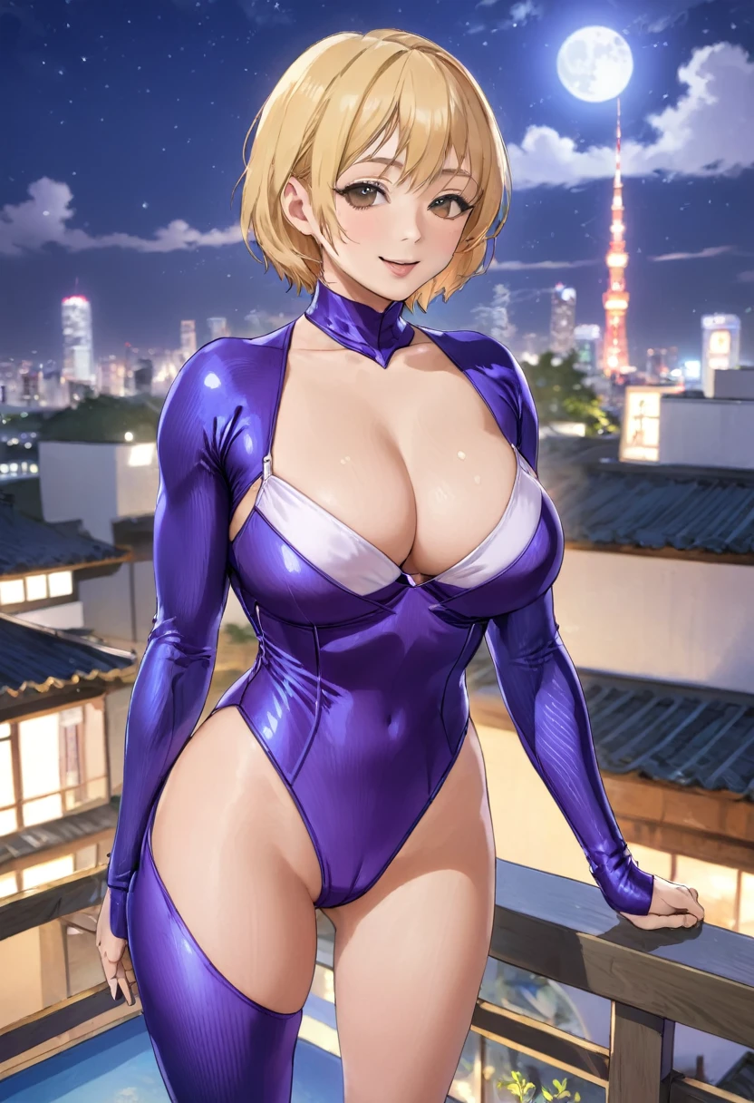 Sakura Igawa、Ghost Ninja、Highest品質、Highest1people々 girl,high quality,, ((Masseter muscle area)), ((High resolution)), ((Highest品質)), detailed, (Laughter.very happy,3000 times more sensitive), ((Shiny skin)), Showing off cleavage、(Bodysuits:1.2)、girlと, ((huge 、Blonde、Short Bob))、((Rooftop at night))