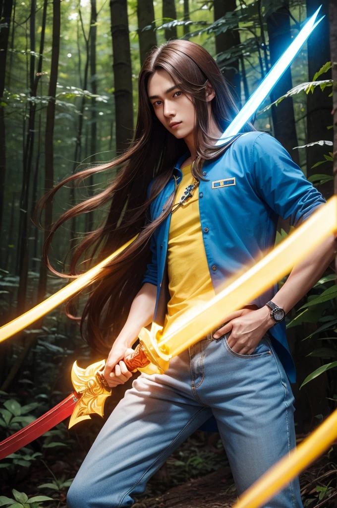 One with long straight brown hair with blue shirt and yellow letter E and red pants holding a blue sword that shine in a forest at night