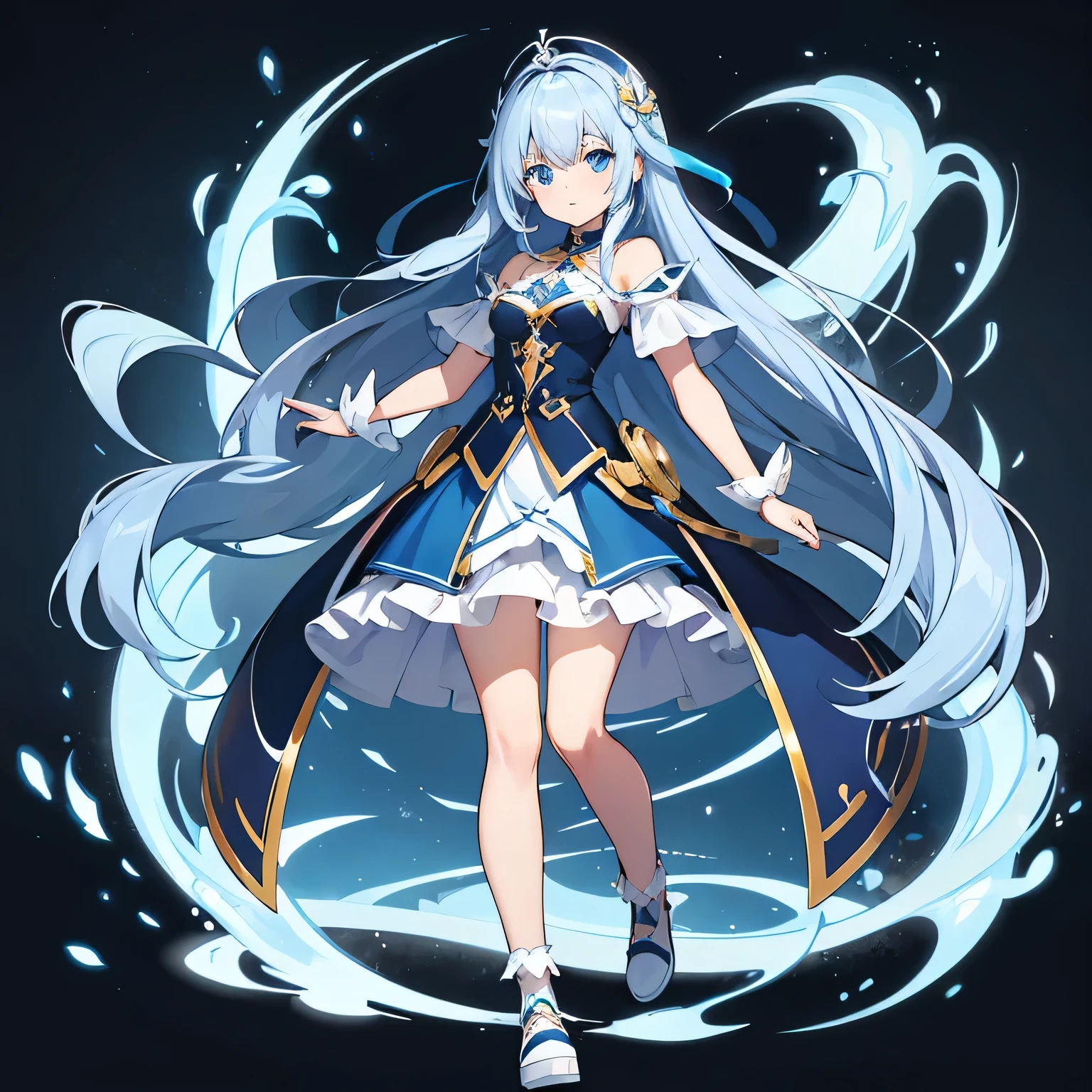 masterpiece,high quality,full body,animated stand up drawing,anime girl with long blue hair and blue eyes wearing blue cape and white shirt, asur blue eyes, white cyan, from arc knights, blue hair, shining blue eyes, blue eyes, detailed key animated art, anime portrait of cyrno, shining blue eyes Digital art on Pixiv, girl with blue hair, blue white hair, frilly skirt.