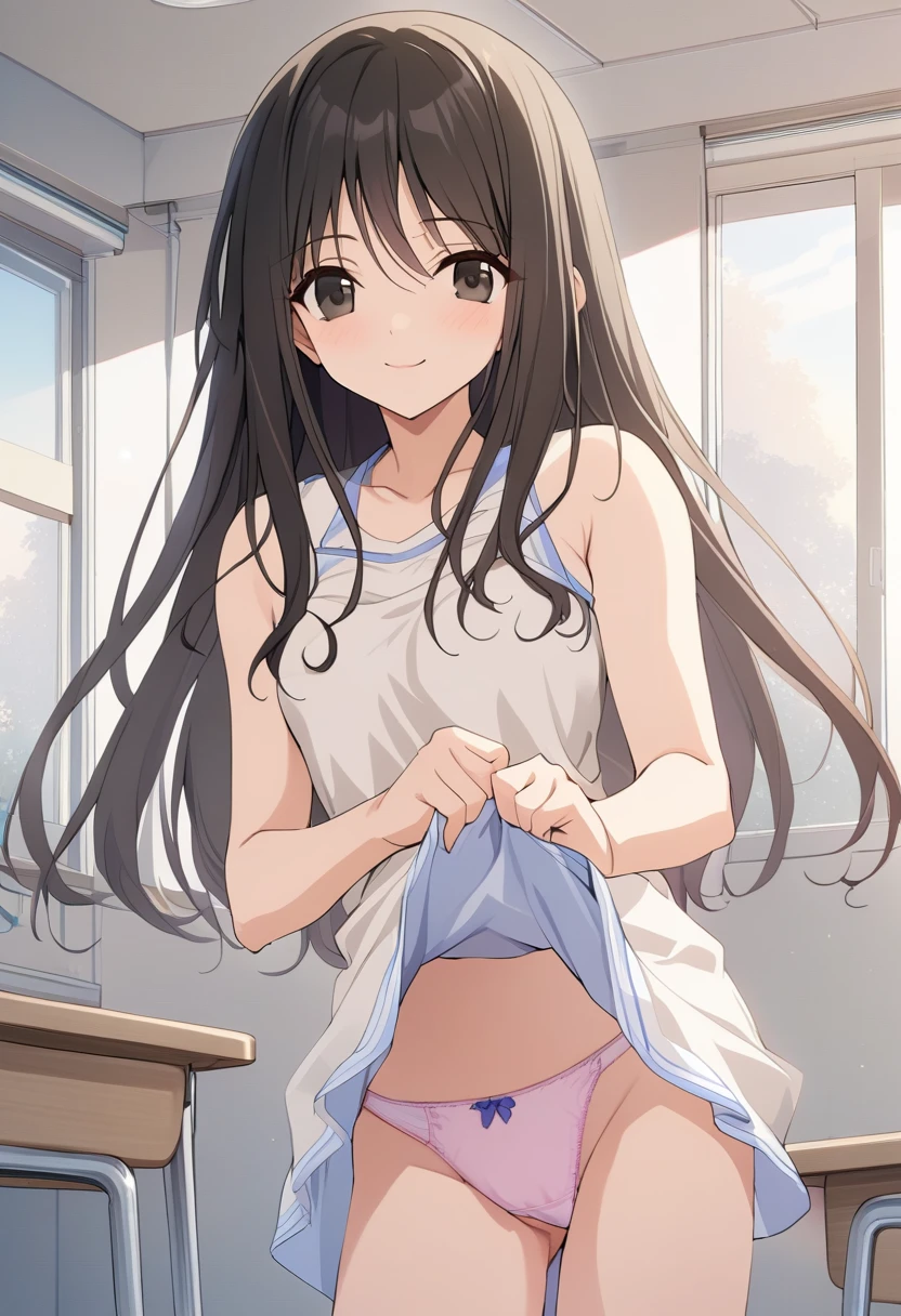 One girl,Tsubame、Gentle expression、smile、Welcome、classroom、skirt lift,panty shot,Sexy pose、Pastel colored string panties、A complete depiction of the human body、masterpiece, Highest quality, Game CG, ultra detailed、highres、extremely detailed CG 