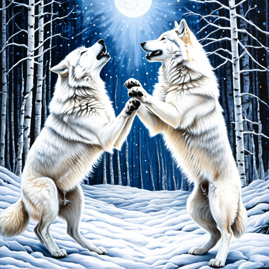 acrylic picture, two white wolf high-fiving together