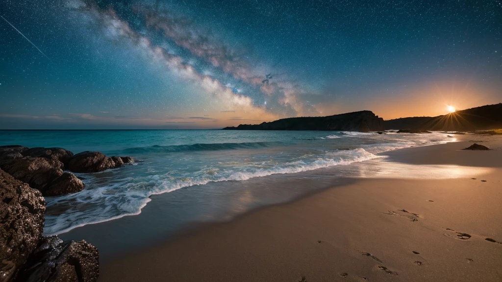 Create a realistic, photo-like wide 16:9 image of a seaside view with a breathtaking starry sky. The scene should capture the serene and magical atmosphere of the beach at night, with countless stars twinkling brightly above. The soft glow of the stars should reflect on the calm surface of the water and the sandy shore, creating an enchanting and peaceful mood. Emphasize the natural beauty of the starry night and the tranquility of the seaside.