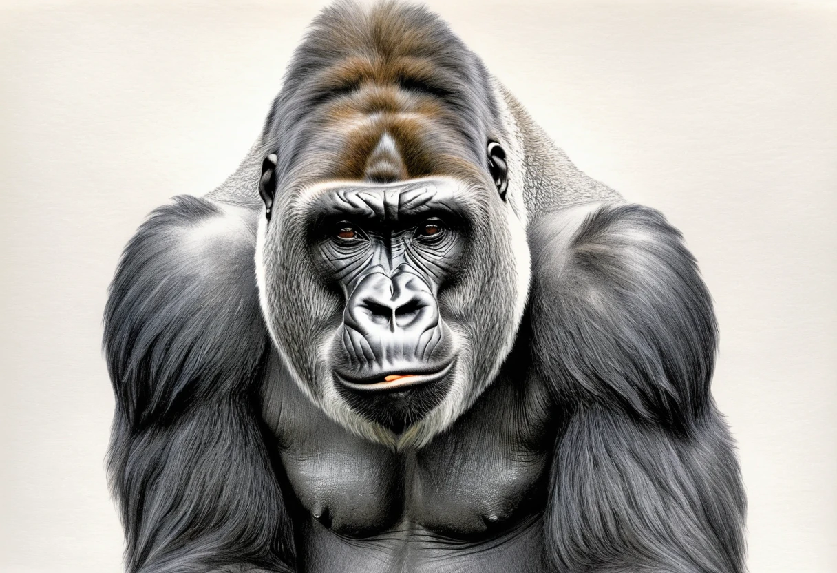 Graphite pencil drawing of a gorilla, front view, full body, white background