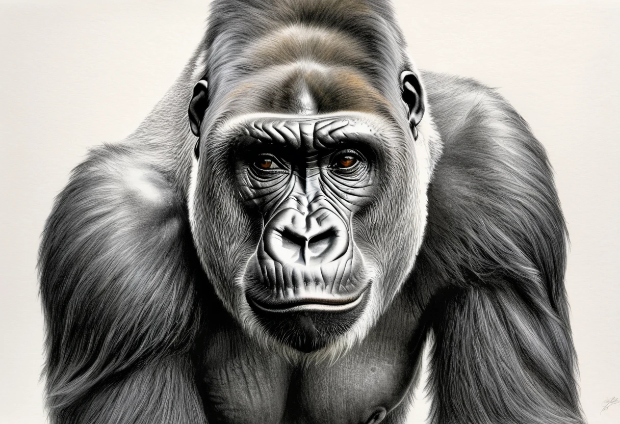 Graphite pencil drawing of a gorilla, front view, full body, white background