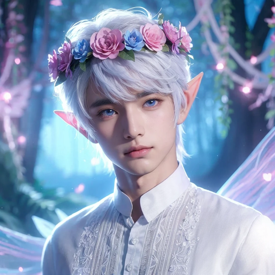 Handsome boy, white hair, white eyes, wearing pink and light blue flower crown, wearing white barong tagalog, elf ear, "surrounded by light blue, pink, and purple light, magic forest background