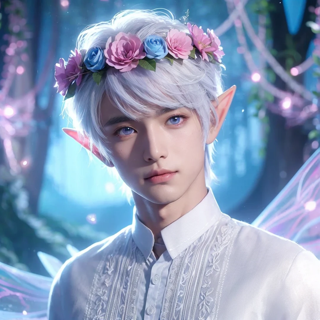 Handsome boy, white hair, white eyes, wearing pink and light blue flower crown, wearing white barong tagalog, elf ear, "surrounded by light blue, pink, and purple light, magic forest background