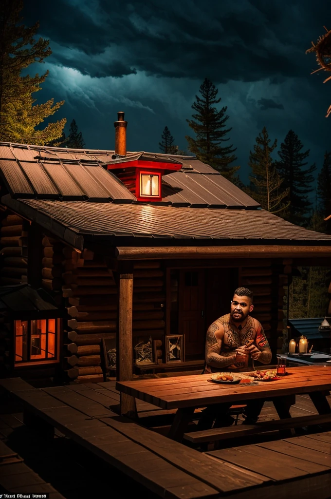 creates a gluttonous José but of horror,with bright teeth,tattoos,and clothes hancha, sitting on the roof of a log cabin one stormy night,with red rays.