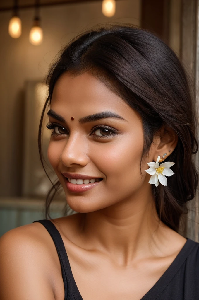 Extremely gorgeous, round face, shoot for a famous cosmetics brand, shoot for top health magazine cover Page, bold photoshoot, bold looks, body positivity, stunning beauty, ravishing, spicy hot, sizzling hot, sensual shoot, artistic sensual photograpy, thick figure, curvy, Thick navel, sexy tempting lady, sexy navel folds, fleshy figure, woman with a flower in her hair and a flower in her hair, closeup portrait shot, movie stills photography, traditional beauty, body sweat, glistening skin, skin texture, skin pores, traditional clothes , traditional female hairstyles, pretty face!!, shot on sony alpha dslr-a300, indian woman with brown skin, indian goddess, traditional makeup, movie stills, actress, close - up portrait shot, detailed portrait shot, ultra HD, 32k, hyper realistic, hyper realistic skin, High level professional photography, insane details, high quality skin, beautymarks, real photograph, add every possible elements to make the photo looks as real photograph,