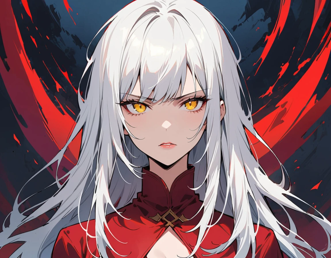 Long white hair, yellow eyes, evil, sexy, black and red clothes, cute hairstyle, evil face, evil, serious look, gloss lips, sinister, front look, bloody, gloves, (((half-body portrait))), beautiful eyes, short dress, big white, dark place, night, sensual, straight hair cut, clear skin, evil, young 30 years girl, adult girl, solo, red, very long hair, (((Older mature woman)))