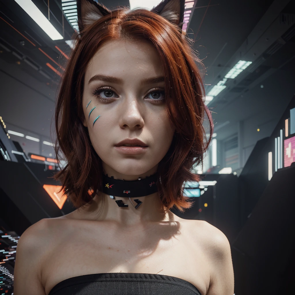 (Masterpiece, Superior quality, Best Quality, Official Art, beautiful and aesthetic:1.2), 1 girl, Red hair, cat ears, (glitch art), (digital distortion), pixelated fragments, data corruption,colorful noise, visual chaos,contemporary aesthetic