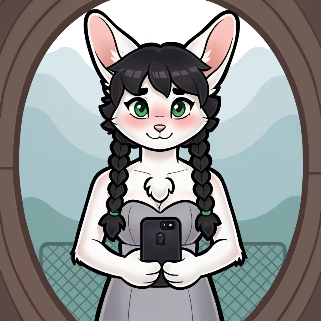 score_9, score_8_up, (Mobian), solo, ((1girl)), lean body, (((white body fur))), (((mobian bunny, green eyes, black eyelids, medium breasts, double braids, black hair, white belly fur, white fur hands))), tall, fluffy, (((chest fluff))), ((adult)), wrapped in towel, holding phone, side view, icon, pov, looking at viewer, shy blush, smiling, outside, realistic