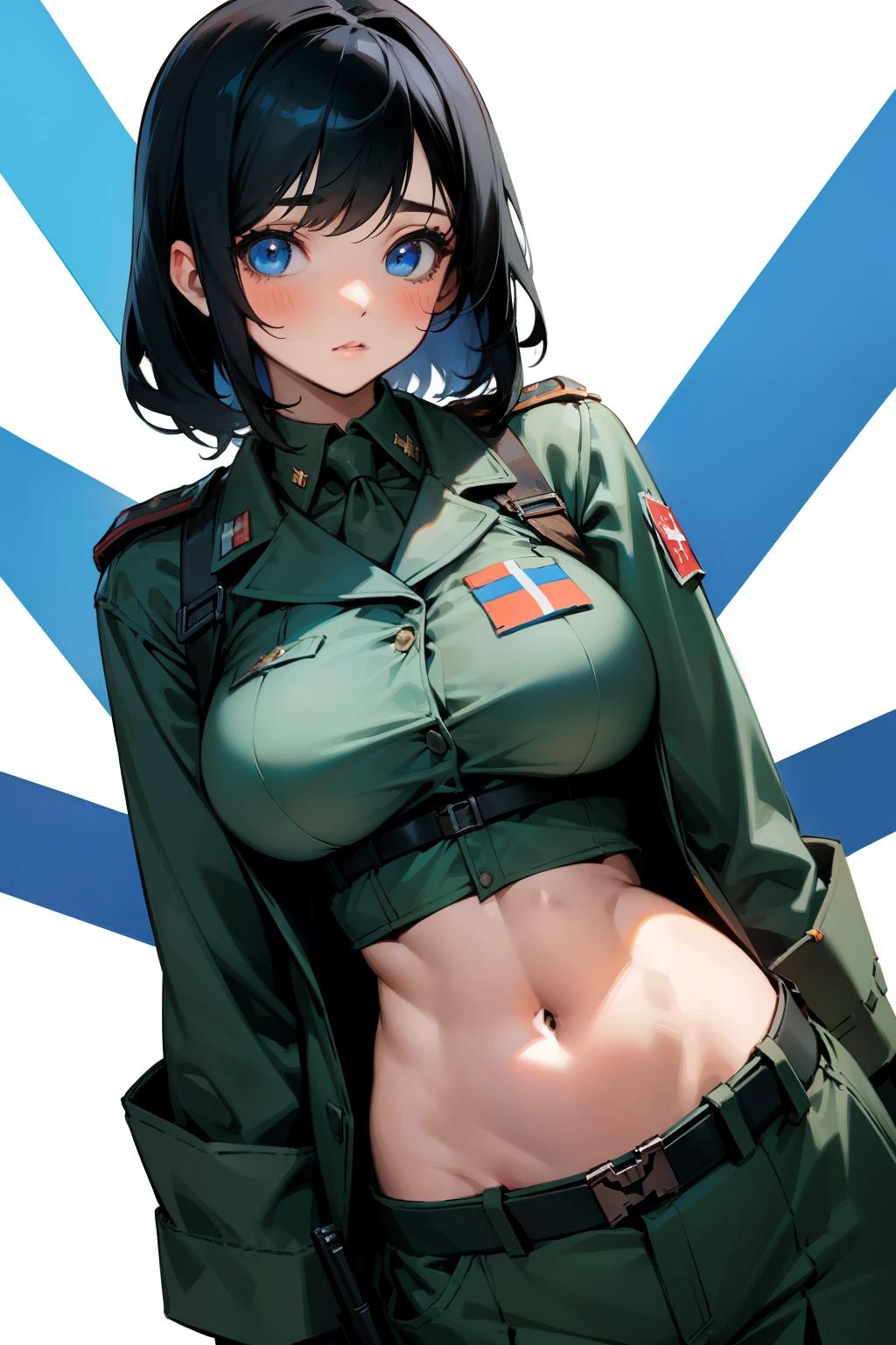 1girl, High quality, schwarzes Haar, Allein, kurze Haare, japaner, Blick auf den Betrachter, Gesichtszeichen, pretty face, Beautiful breasts, tight military uniform, Green eyes, hole body, collarbone, japaner, poren, High Resolution, fotorealistisch, legs closed