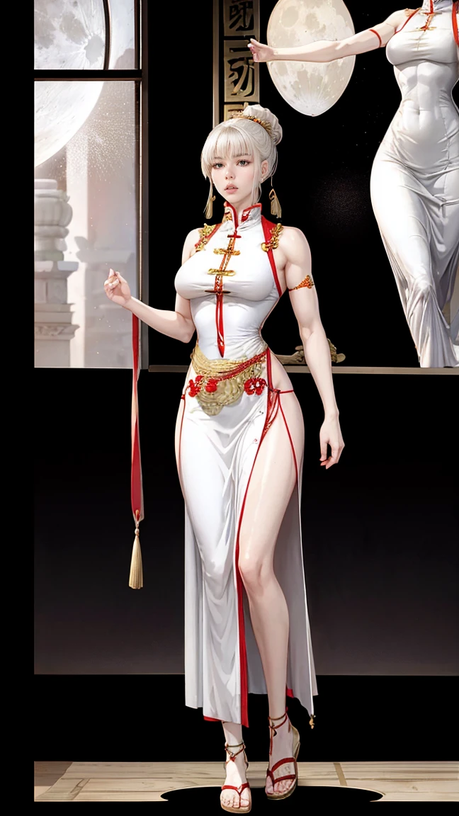 A female empress, with yellow eyes, white militar short hair, with a young face. slim muscular body, but well proportioned. Traditional Chinese imperial clothing dress decorated in gold with black details, red hanafuda earrings, red skirt, black string sandal. meditating in an ancient Chinese meditation hall, with candles, with the moon and stars in the window in the background and with flashes of light reflecting on your body. High definition.Sexy anime in 4K, full-body photos, sensual poses,