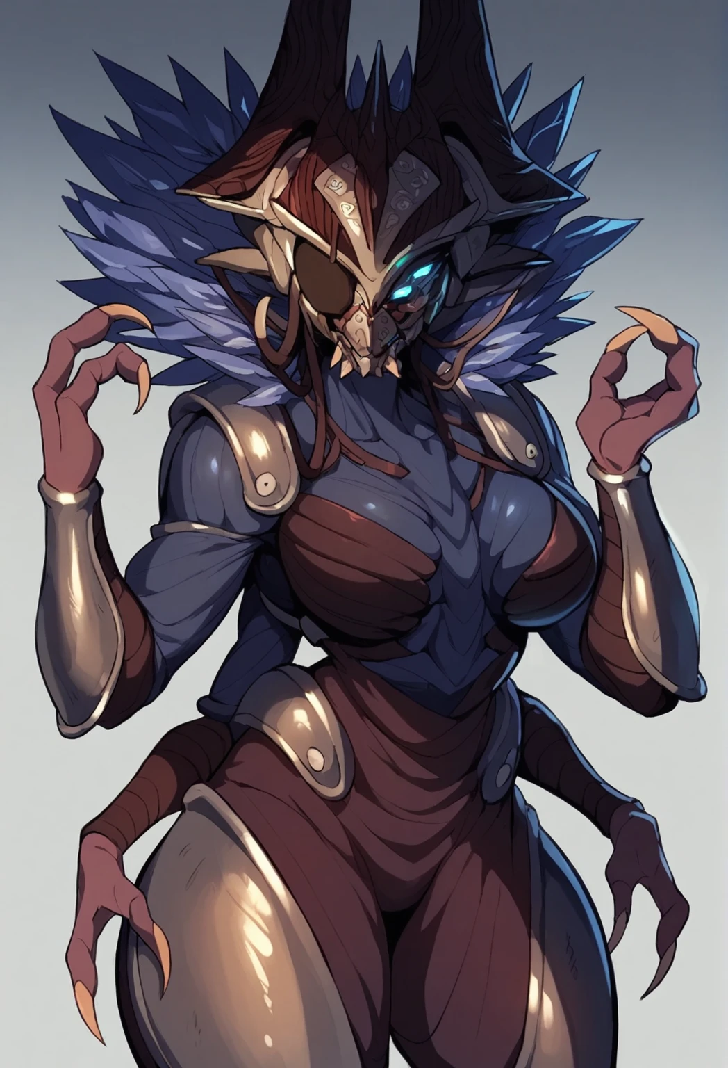 an image of an anime alien woman with four arms, Eramis from Destiny, Destiny fallen, four arms, glowing eyes, curvy body, arthropod, posing, clawed fingers