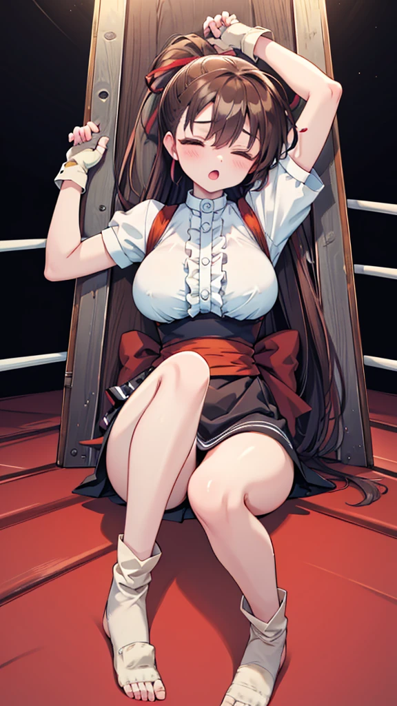 Highest quality，masterpiece，Lying down，sleep，(レスリングのリングにLying down, WWE Divas，Wrestling Arena，Wrestling ring background, Boxing ring background), 胎児の姿勢で仰向けにsleep, Lack of stamina, Ryona, Hitting a girl, death is near，タケユカ 超ロングヘア ヘアribbon, Frilled shirt, Underbust, ribbon, Fingerless gloves, White gloves, Waist apron, Orange Skirt, socks, Toeless legwear，winner, Nice, winner, (Moaning , Open your mouth), (( 仰向けにsleep, 地面にsleep, lose consciousness, Unconscious, please lower your arms)), , ( Tilt your head),