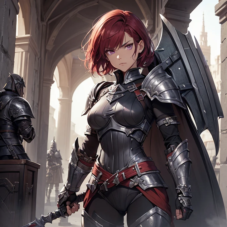 (absurdres, high fantasy artwork, best high quality image, carefuly detailed, very detailed features and textures, warcraft-aesthetic)
{{1character: 17 years old barbarian girl, (scarlet red short hair, purple eyes with black pupils, very thin lips, white skin, wearing full armor), (full bulky knight armor, full bulky shoulder plates, full armored bulky-breast-plate-armor-no revealing-skin, full gauntlets plates, full elbow plates, full plate boots), (her weapon: broad sword on her back), (attack pose pose, very serious face, no sense of humor), (Scenery: Wooden irish cotage with ancient Greek forniture and celtic forniture)}}