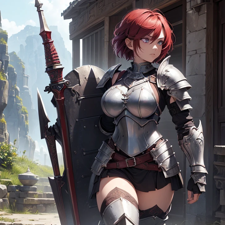 (absurdres, high fantasy artwork, best high quality image, carefuly detailed, very detailed features and textures, tolkien-aesthetic)
{{1character: 25 years old barbarian girl, (scarlet red short hair, purple eyes with black pupils, very thin lips, white skin, wearing full armor), (full bulky knight armor, full bulky shoulder plates, full armored bulky-breast-plate-armor-no revealing-skin, full gauntlets plates, full elbow plates, full plate boots), (her weapon: broad sword on her back), (attack pose pose, very serious face, no sense of humor), (Scenery: Wooden irish cotage with ancient Greek forniture and celtic forniture)}}