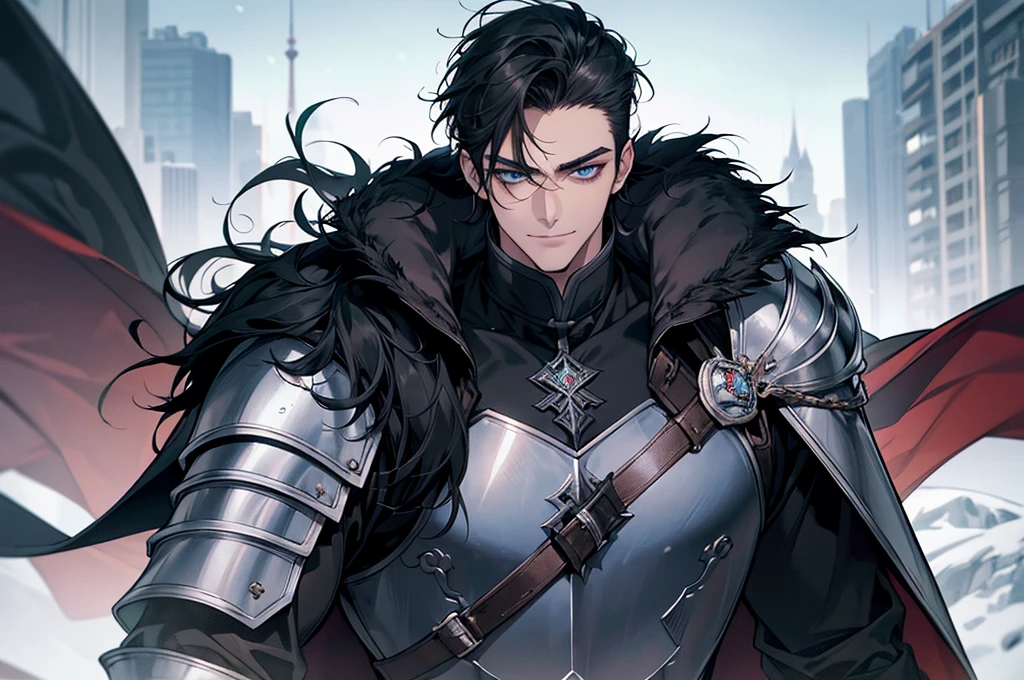 Masterpiece, Highest quality, Heavy snow, Cold Weather, realistic, 1 person, mature man, A quiet and charming young man, 30 years old, smile, gag, Portrait, Highly detailed face, 寒さとsmile, ((blue eyes)), ((black short hair)), [Thick eyebrows], battlefield, ((black long coat)), ((all black)), (blue eyes) ,Short Black Quiff Hair with Soft Fringe, handsome , muscle, Facial expressions, Black Knight Armor (Plain black armor) , black fur shawl(Masterpiece,best quality,special, (Broad shoulders)) (muscle), male focus, Hand Held Weapons (Crescent repeater),Lipo,Fang Tian Hua Ji, Face gigantic and terrifying monsters.. Describe the man&#39;s appearance., Details of his repeater, Characteristics and characteristics of monsters, and convey the tension and power of the encounter.."