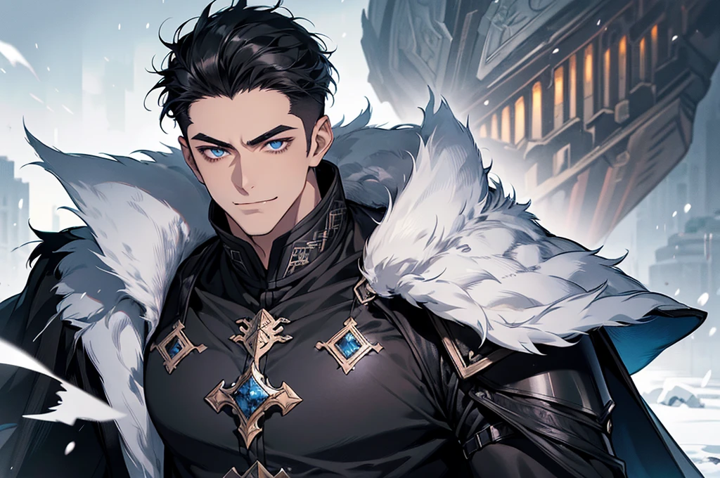 Masterpiece, Highest quality, Heavy snow, Cold Weather, realistic, 1 person, mature man, A quiet and charming young man, 30 years old, smile, gag, Portrait, Highly detailed face, 寒さとsmile, ((blue eyes)), ((black short hair)), [Thick eyebrows], battlefield, ((black long coat)), ((all black)), (blue eyes) ,Short Black Quiff Hair with Soft Fringe, handsome , muscle, Facial expressions, Black Knight Armor (Plain black armor) , black fur shawl(Masterpiece,best quality,special, (Broad shoulders)) (muscle), male focus, Hand Held Weapons (Crescent repeater),Lipo,Fang Tian Hua Ji, Face gigantic and terrifying monsters.. Describe the man&#39;s appearance., Details of his repeater, Characteristics and characteristics of monsters, and convey the tension and power of the encounter.."