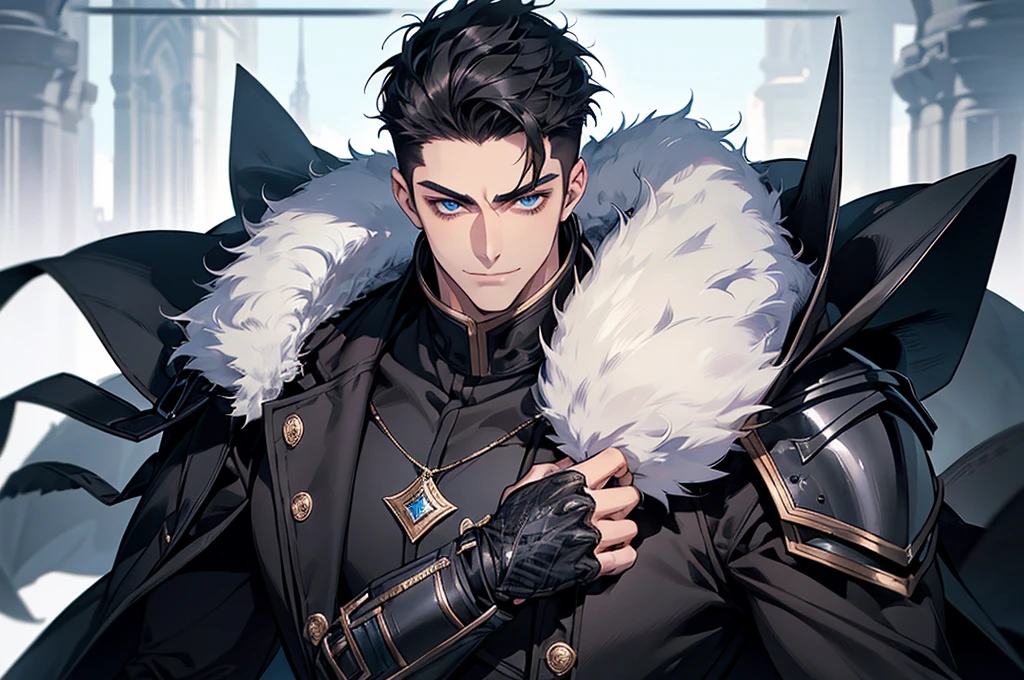 Masterpiece, Highest quality, Heavy snow, Cold Weather, realistic, 1 person, mature man, A quiet and charming young man, 30 years old, smile, gag, Portrait, Highly detailed face, 寒さとsmile, ((blue eyes)), ((black short hair)), [Thick eyebrows], battlefield, ((black long coat)), ((all black)), (blue eyes) ,Short Black Quiff Hair with Soft Fringe, handsome , muscle, Facial expressions, Black Knight Armor (Plain black armor) , black fur shawl(Masterpiece,best quality,special, (Broad shoulders)) (muscle), male focus, Hand Held Weapons (Crescent repeater),Lipo,Fang Tian Hua Ji, Face gigantic and terrifying monsters.. Describe the man&#39;s appearance., Details of his repeater, Characteristics and characteristics of monsters, and convey the tension and power of the encounter.."