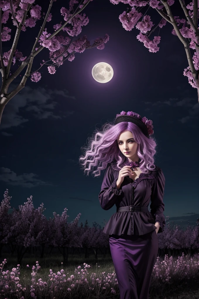 Poupée demoniaque, arbres morts, fleurs mauve et or, ambiance glauque,  lune électrique 