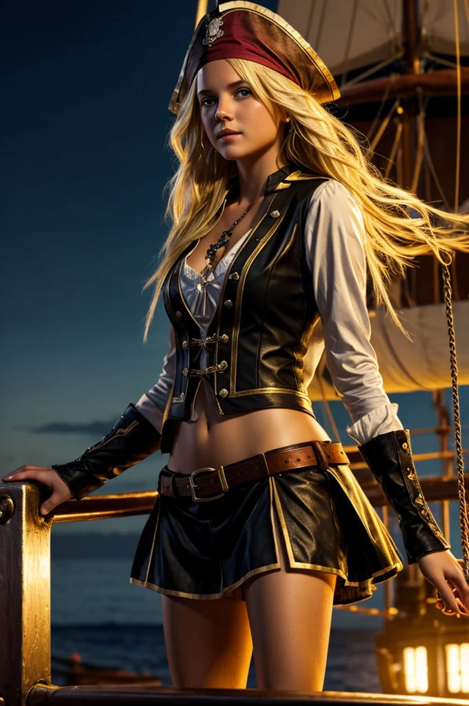 gorgeous blonde, 23 years old, Subtile smile, flirts with the caméra, she's a model, sexy pose, she's a Caribbean pirate captain (((pirate captain outfit))), background an old pirate ship desk, giant black storm clouds approching