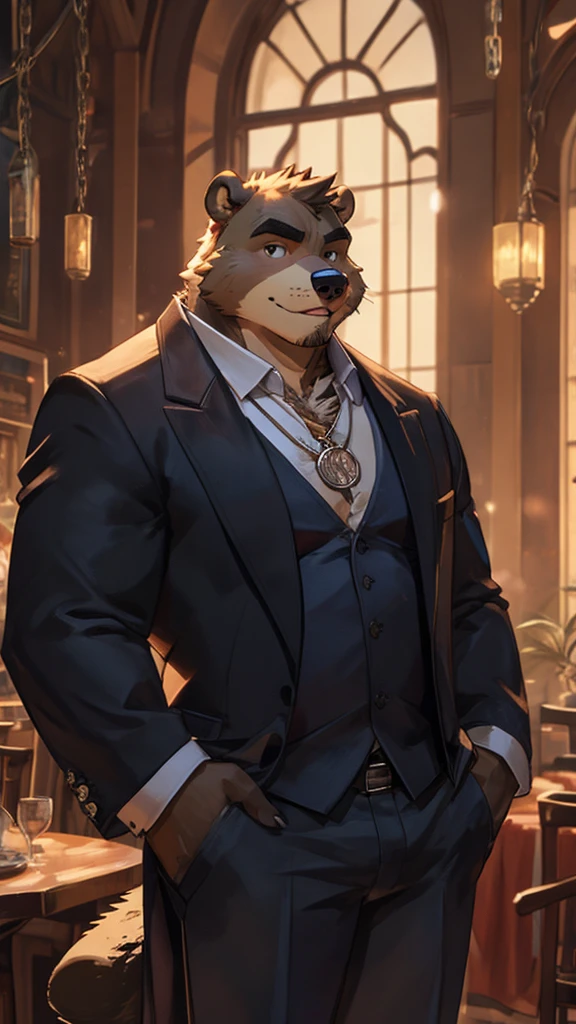 A male furry beaver dressed formally, wearing a black shirt without a tie and jeans with a chain as decoration. he wears a necklace with a pendant and is drinking