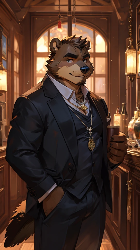 A male furry beaver dressed formally, wearing a black shirt without a tie and jeans with a chain as decoration. he wears a necklace with a pendant and is drinking