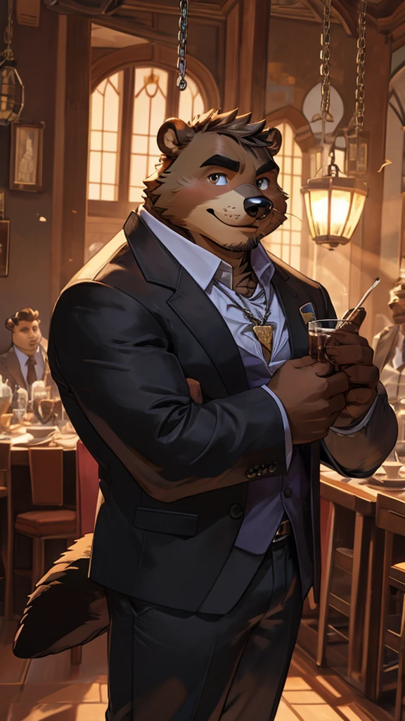 A male furry beaver dressed formally, wearing a black shirt without a tie and jeans with a chain as decoration.  he wears a necklace with a pendant and is drinking
